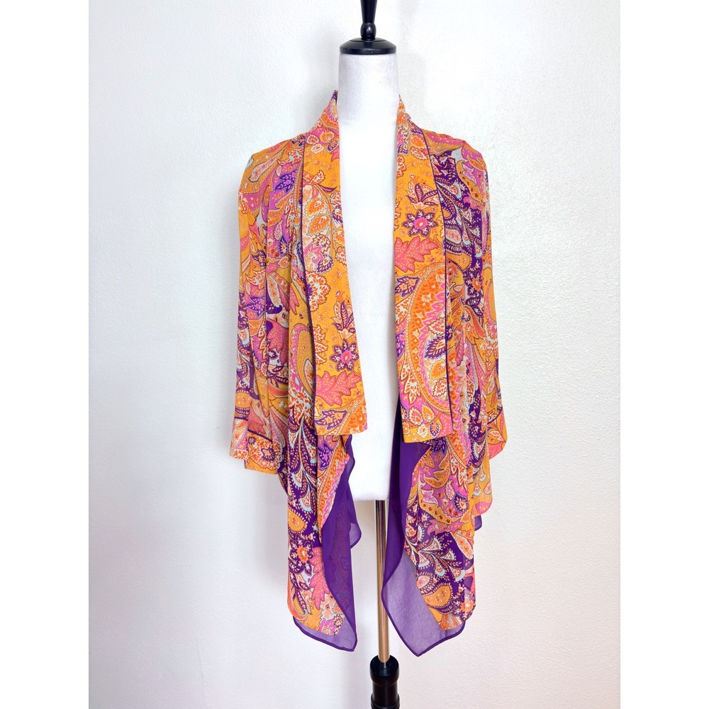 Boho Sheer Orange & Purple Paisley Asymmetrical Open Front Cardigan Top Size XL